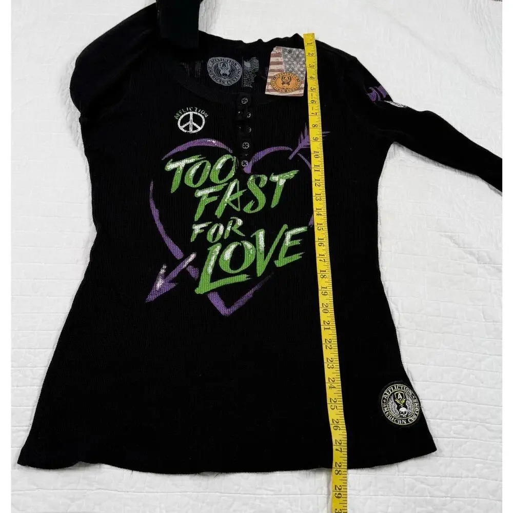 Affliction Long Sleeve Thermal Top Large Black Too Fast For Love Peace Graphic - Picture 4 of 6
